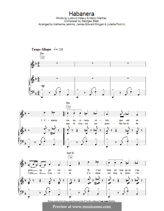Habanera (Printable Scores): Para vocais e piano (ou Guitarra) by Georges Bizet