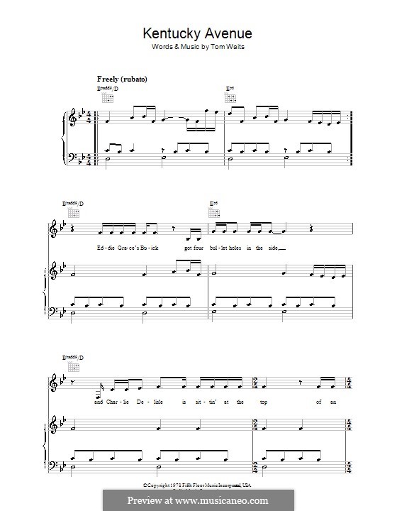 Kentucky Avenue: Para vocais e piano (ou Guitarra) by Tom Waits
