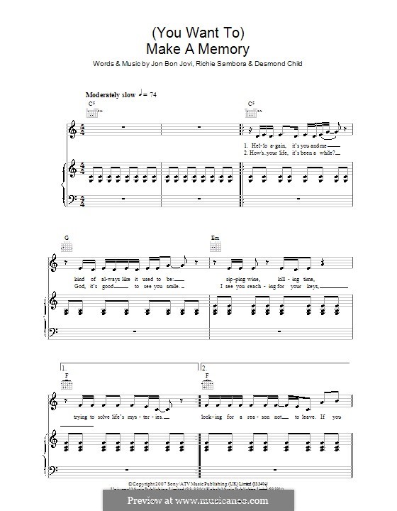 (You Want To) Make a Memory (Bon Jovi): Para vocais e piano (ou Guitarra) by Desmond Child, Jon Bon Jovi, Richie Sambora