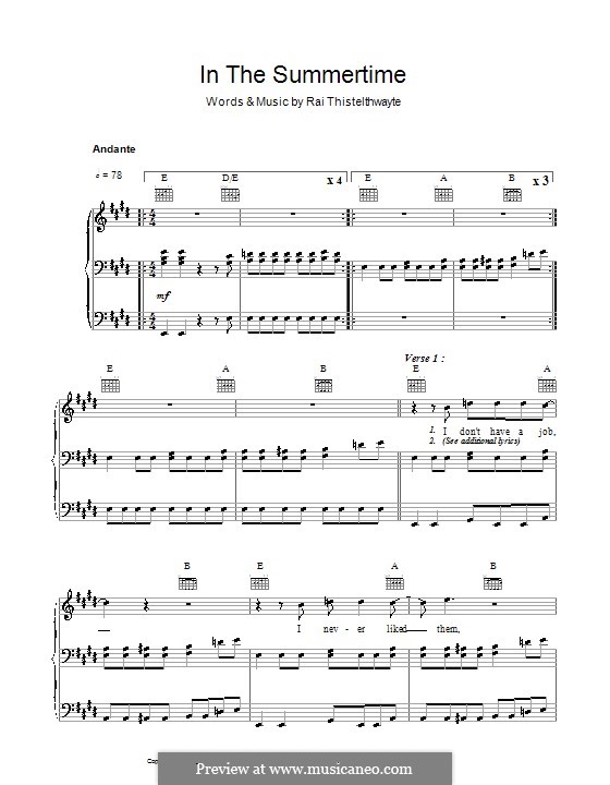 In the Summertime (Thirsty Merc): Para vocais e piano (ou Guitarra) by Rai Thistelthwayte