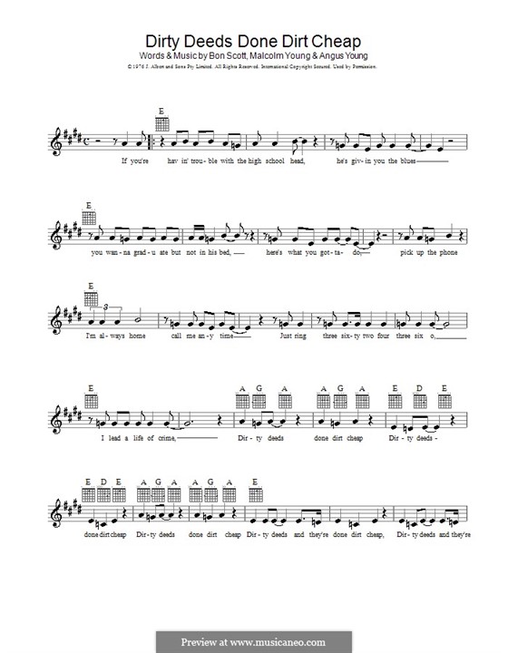 Dirty Deeds Done Dirt Cheap (AC/DC): melodía,letras e acordes by Angus Young, Bon Scott, Malcolm Young