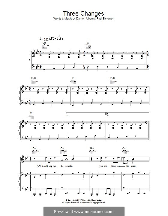 Three Changes (The Good The Bad & The Queen): Para vocais e piano (ou Guitarra) by Damon Albarn, Paul Simonon