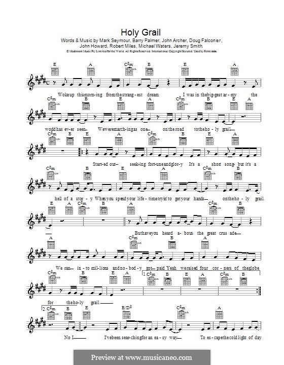 Holy Grail (Hunters & Collectors): melodía,letras e acordes by Barry Palmer, Doug Falconer, Jeremy Smith, John Archer, John Howard, Mark Seymour, Michael Waters, Robert Miles