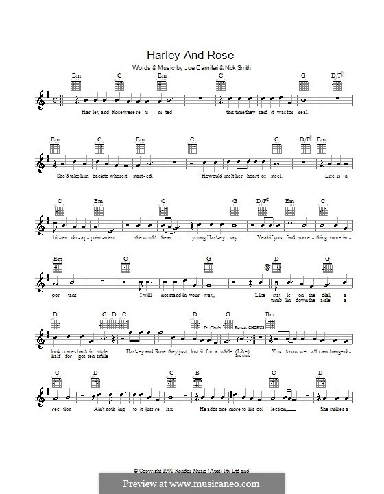Harley and Rose (The Black Sorrows): melodía,letras e acordes by Joe Camilleri, Nick Smith