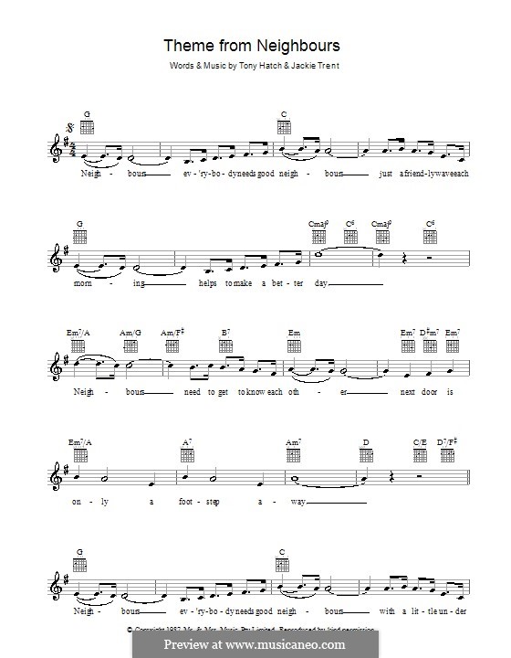 Theme from Neighbours: melodía,letras e acordes by Jackie Trent, Tony Hatch