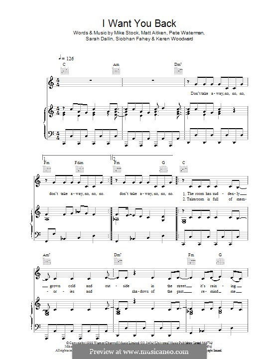 I Want You Back (Bananarama): Para vocais e piano (ou Guitarra) by Keren Woodward, Matt Aitken, Mike Stock, Pete Waterman, Sarah Dallin, Siobhan Fahey