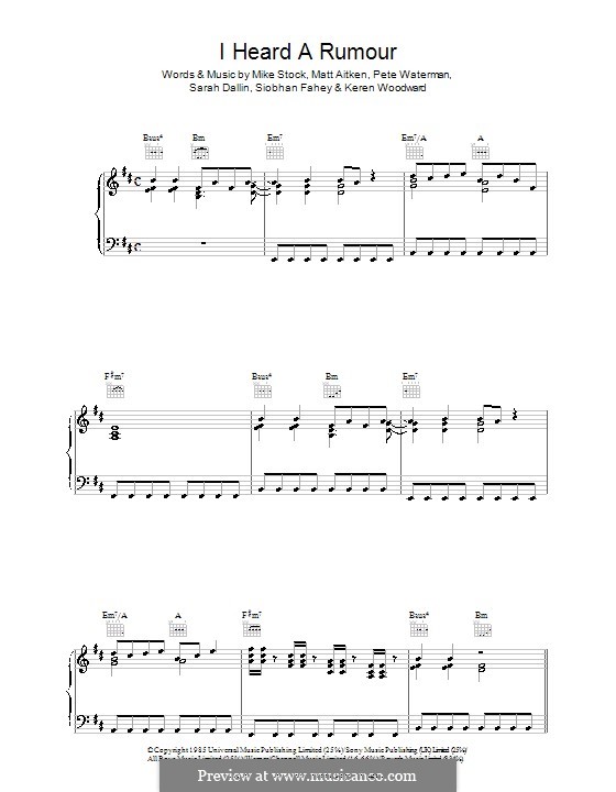 I Heard a Rumour (Bananarama): Para vocais e piano (ou Guitarra) by Keren Woodward, Matt Aitken, Mike Stock, Pete Waterman, Sarah Dallin, Siobhan Fahey