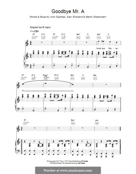 Goodbye Mr. A (The Hoosiers): Para vocais e piano (ou Guitarra) by Alan Sharland, Irwin Sparkes, Martin Skarendahl
