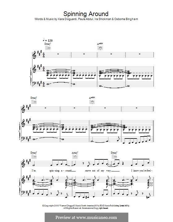 Spinning Around (Kylie Minogue): Para vocais e piano (ou Guitarra) by Ira Shickman, Kara DioGuardi, Osborne Bingham, Paula Abdul