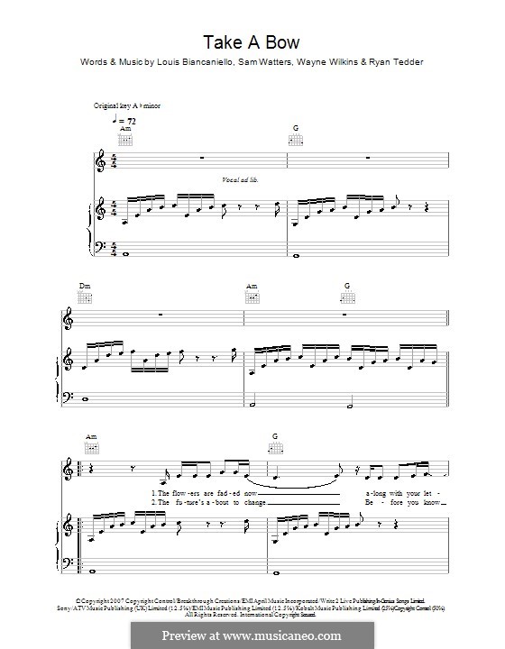 Take a Bow (Leona Lewis): Para vocais e piano (ou Guitarra) by Louis Biancaniello, Ryan B Tedder, Samuel Watters, Wayne Wilkins