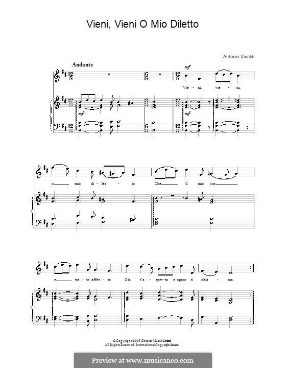Vieni, vieni o mio diletto: Para vocais e piano by Antonio Vivaldi