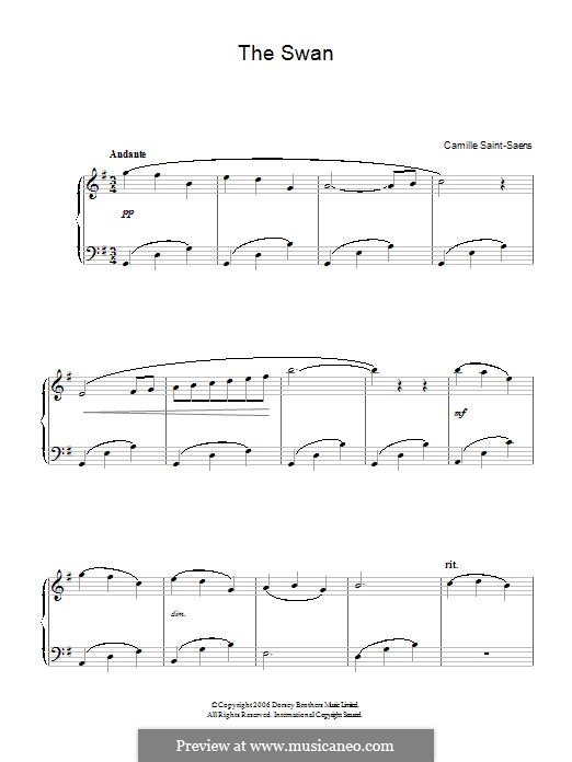 The Swan (printable scores): Para Piano by Camille Saint-Saëns