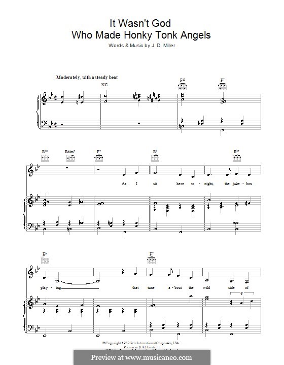 It Wasn't God Who Made Honky Tonk Angels (Patsy Cline): Para vocais e piano (ou Guitarra) by J. D. Miller