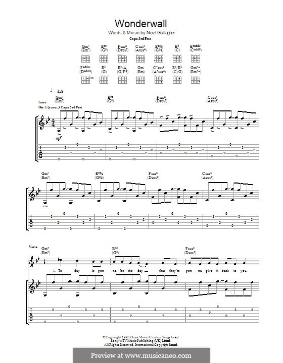 Wonderwall (Oasis): For guitar with tabulature (G Minor) by Noel Gallagher