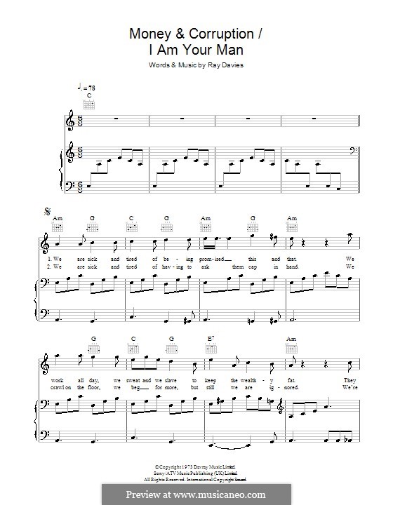 Money and Corruption / I am Your Man (The Kinks): Para vocais e piano (ou Guitarra) by Ray Davies