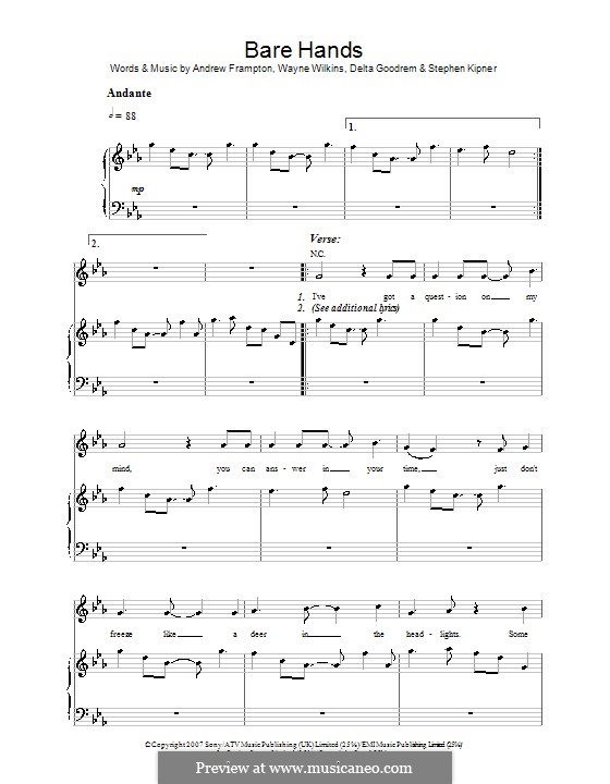 Bare Hands (Delta Goodrem): Para vocais e piano (ou Guitarra) by Andrew Frampton, Stephen Alan Kipner, Wayne Wilkins