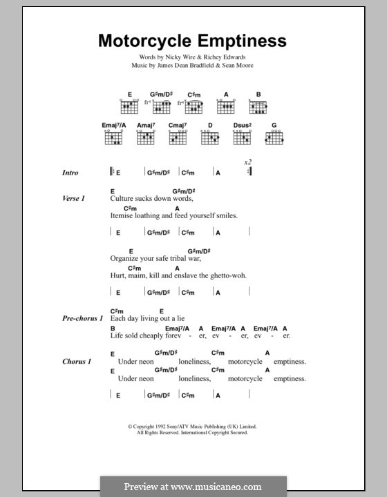 Motorcycle Emptiness (The Manic Street Preachers): Letras e Acordes by James Dean Bradfield, Sean Moore