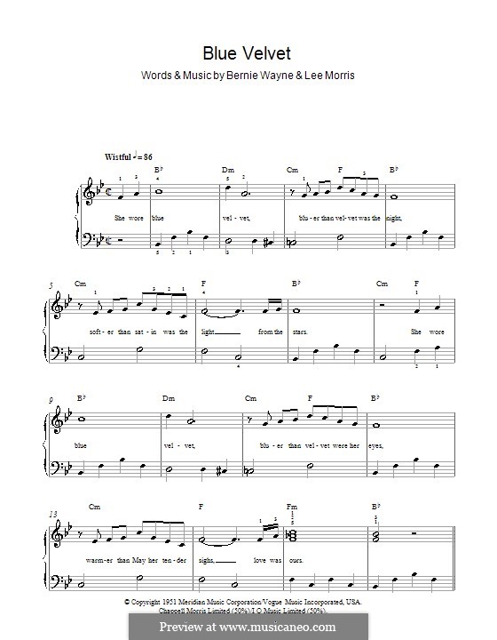 Blue Velvet: For easy piano (Bobby Vinton) by Bernie Wayne, Lee Morris