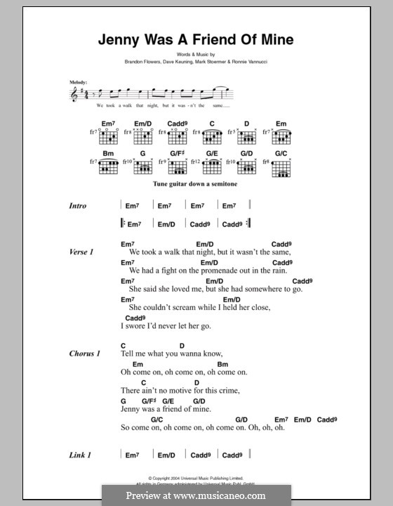 Jenny Was a Friend of Mine (The Killers): Letras e Acordes by Brandon Flowers, Dave Keuning, Mark Stoermer, Ronnie Vannucci