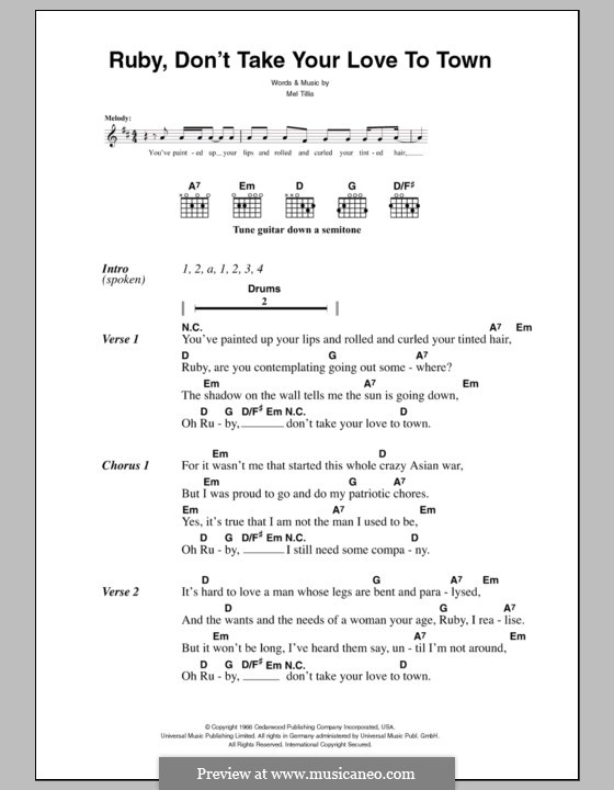 Ruby, Don't Take Your Love to Town (The Killers): Letras e Acordes by Mel Tillis