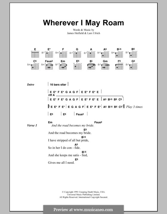 Wherever I May Roam (Metallica): Letras e Acordes by James Hetfield, Lars Ulrich