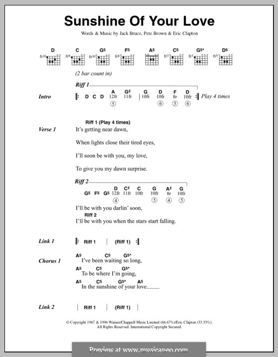 Sunshine of Your Love (Cream): Letras e Acordes by Eric Clapton, Jack Bruce, Pete Brown