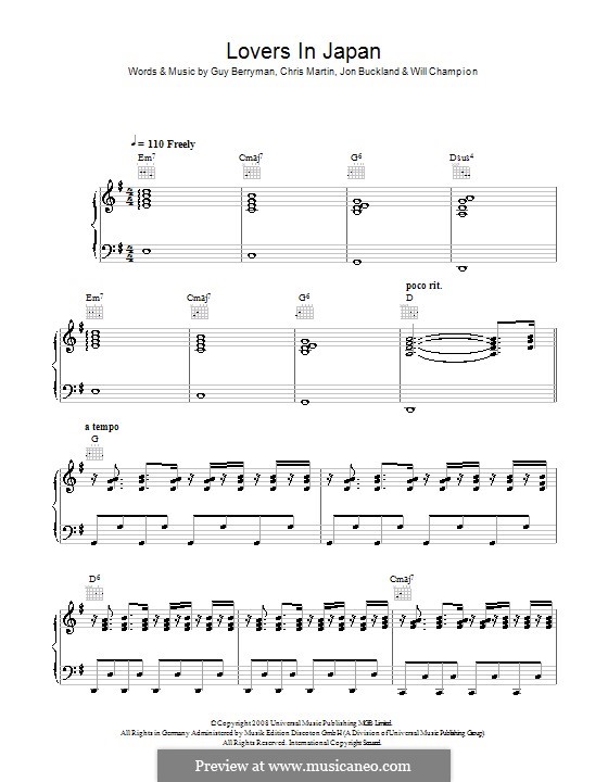 Lovers in Japan (Coldplay): Para vocais e piano (ou Guitarra) by Chris Martin, Guy Berryman, Jonny Buckland, Will Champion