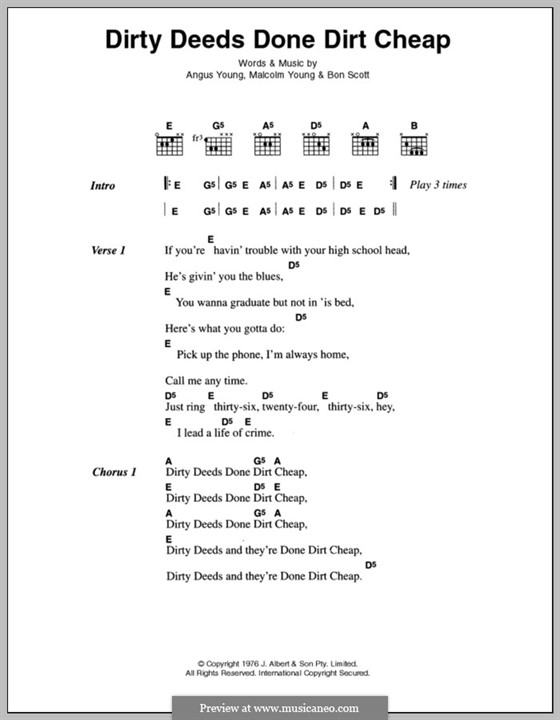 Dirty Deeds Done Dirt Cheap (AC/DC): Letras e Acordes by Angus Young, Bon Scott, Malcolm Young