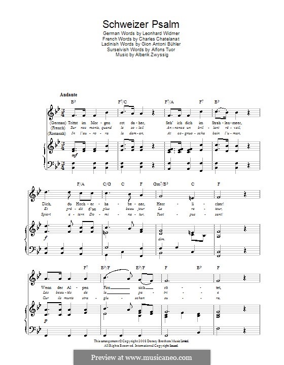 Schweizer Psalm (Swiss National Anthem): Para vocais e piano (ou Guitarra) by Alberich Zwyssig