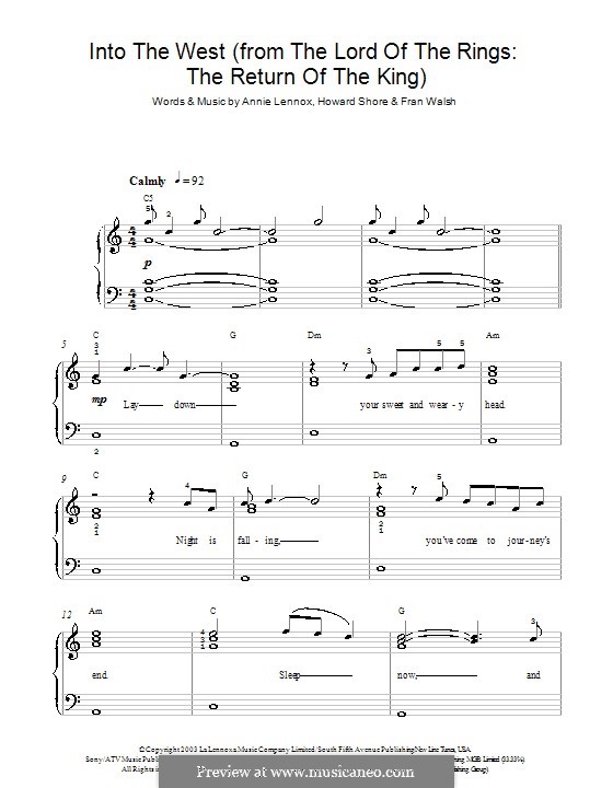 Into the West (from The Lord of the Rings: the Return of the King): Facil para o piano by Annie Lennox, Fran Walsh, Howard Shore