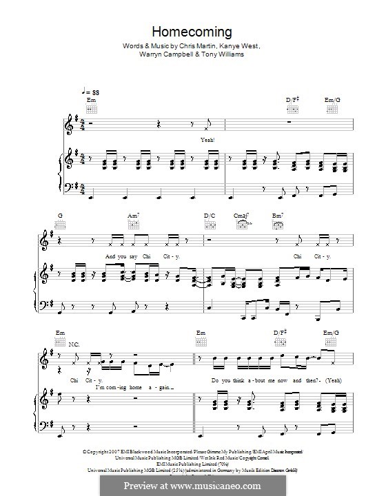 Homecoming (Kanye West feat. Chris Martin): Para vocais e piano (ou Guitarra) by Chris Martin, Kanye West, Tony Williams, Warryn Campbell