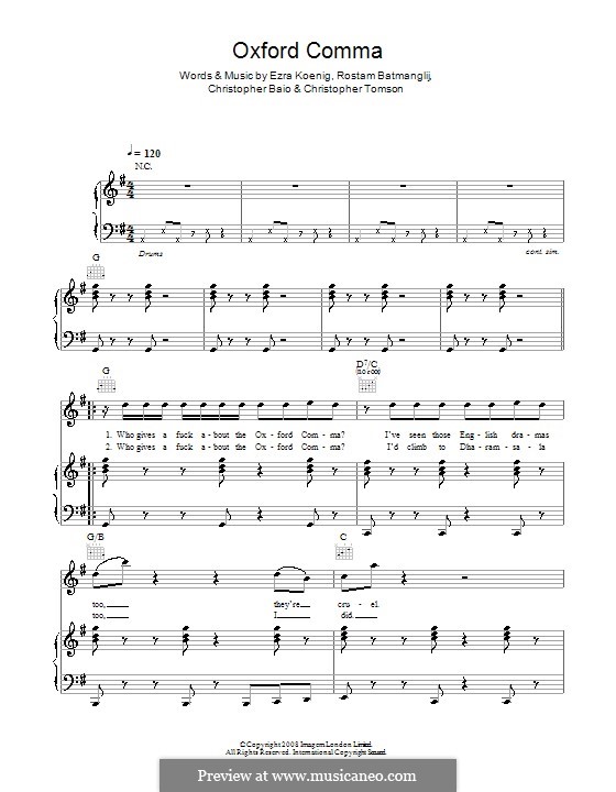 Oxford Comma (Vampire Weekend): Para vocais e piano (ou Guitarra) by Chris Baio, Christopher Tomson, Ezra Koenig, Rostam Batmanglij