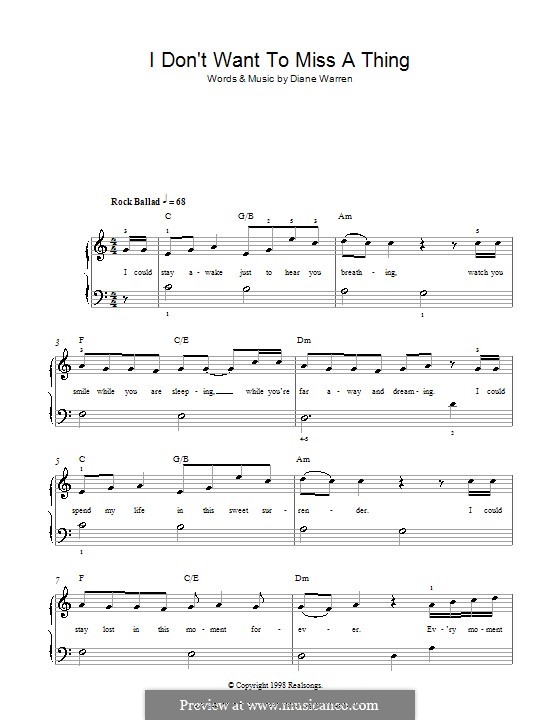 I Don't Want To Miss a Thing (Aerosmith): Facil para o piano by Diane Warren