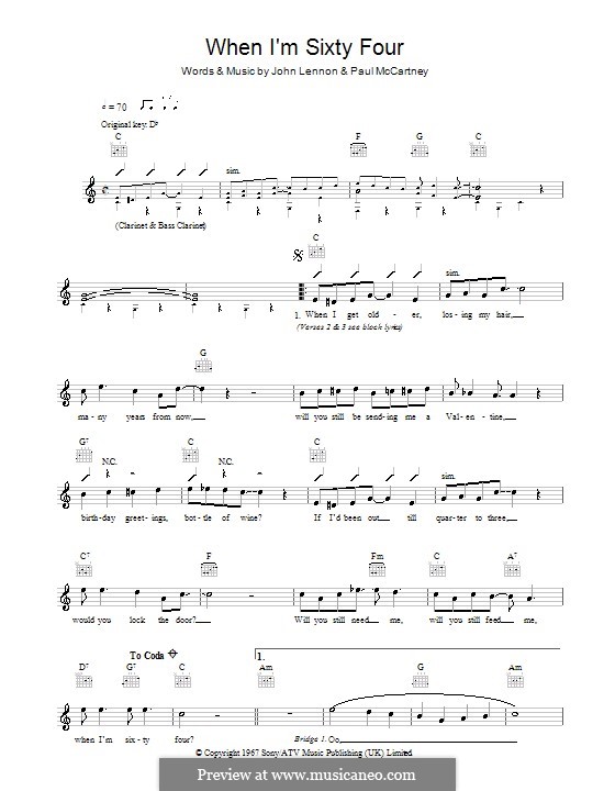 When I'm Sixty-Four (The Beatles): melodía,letras e acordes by John Lennon, Paul McCartney