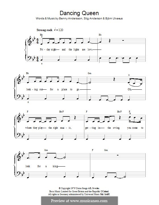 Piano version: Easy notes (with chords) by Benny Andersson, Björn Ulvaeus, Stig Anderson
