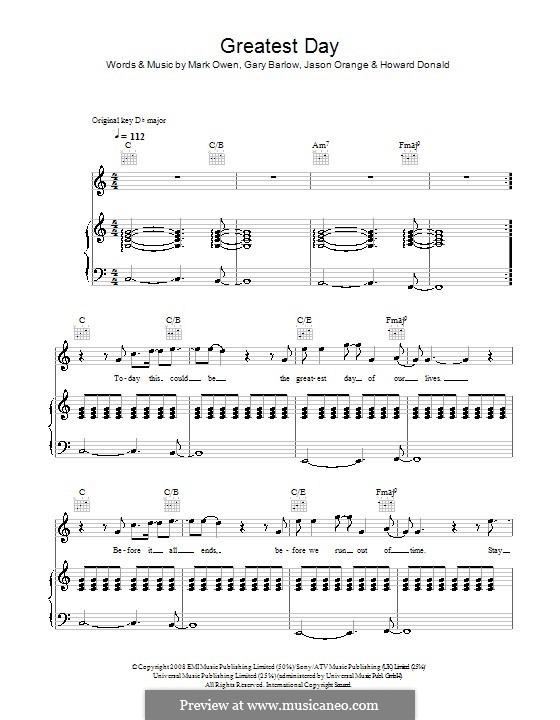Greatest Day (Take That): Para vocais e piano (ou Guitarra) by Gary Barlow, Howard Donald, Jason Orange, Mark Owen