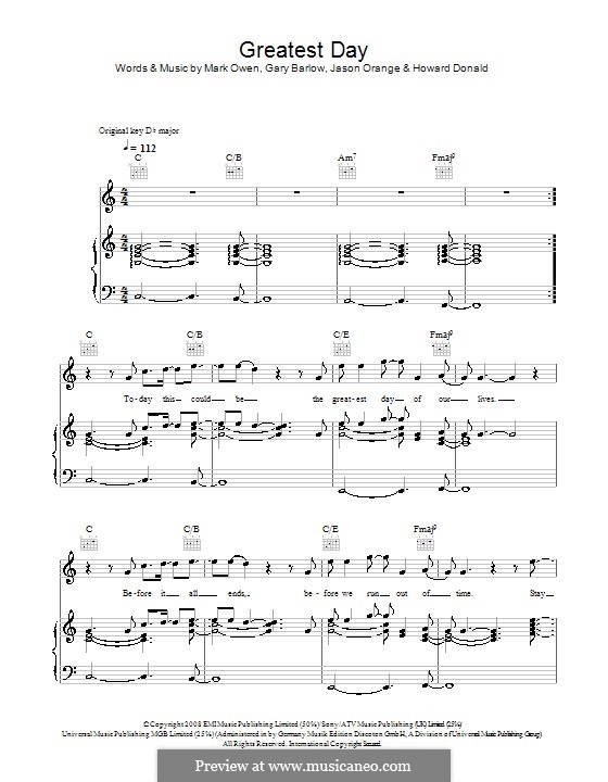 Greatest Day (Take That): Para vocais e piano (ou Guitarra) by Gary Barlow, Howard Donald, Jason Orange, Mark Owen