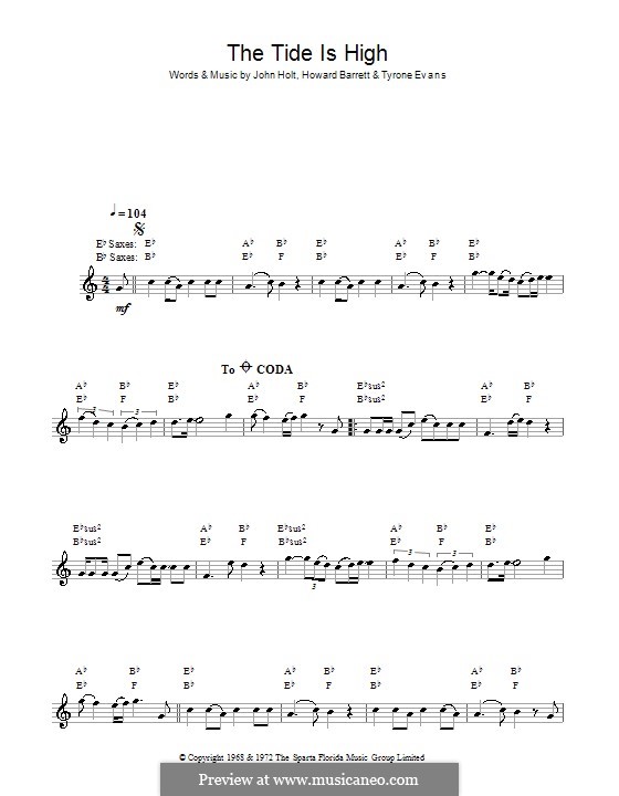 The Tide is High (Blondie): para saxofone by Howard Barrett, John Holt, Tyrone Evans
