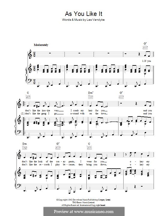 As You Like It (Adam Faith): Para vocais e piano (ou Guitarra) by Les Vandyke