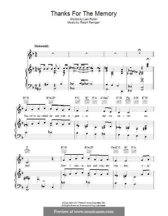 Thanks for the Memory: Para vocais e piano (ou Guitarra) by Ralph Rainger