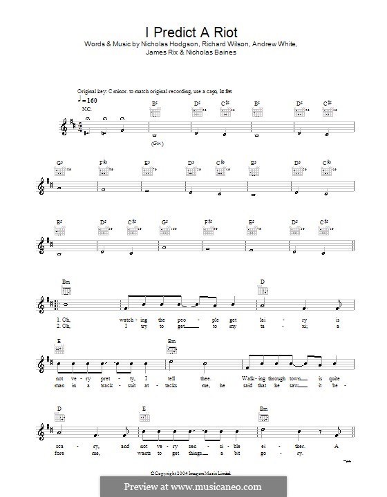 I Predict a Riot (Kaiser Chiefs): melodía,letras e acordes by Andrew White, James Rix, Nicholas Baines, Nicholas Hodgson, Charles Wilson