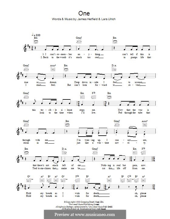 One (Metallica): melodía,letras e acordes by James Hetfield, Lars Ulrich