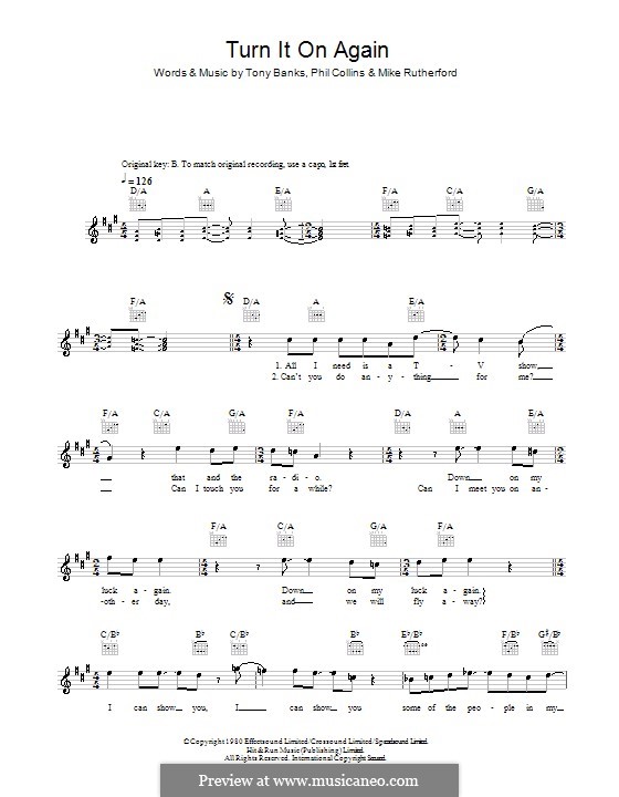 Turn it on Again (Genesis): melodía,letras e acordes by Tony Banks, Mike Rutherford, Phil Collins