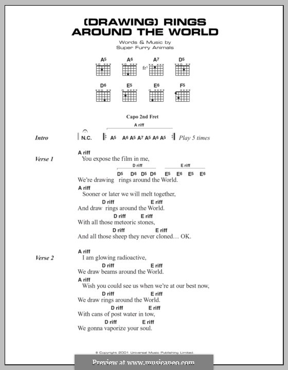 (Drawing) Rings Around the World (Super Furry Animals): Letras e Acordes by Cian Ciaran, Dafydd Ieuan, Gruff Rhys, Guto Pryce, Huw Bunford