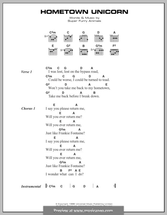 Hometown Unicorn (Super Furry Animals): Letras e Acordes by Cian Ciaran, Dafydd Ieuan, Gruff Rhys, Guto Pryce, Huw Bunford