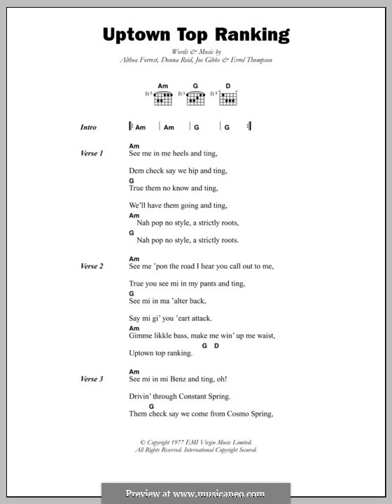 Uptown Top Ranking: Letras e Acordes by Joseph Gibbs, Althea Forrest, Donna Reid, Errol Thompson