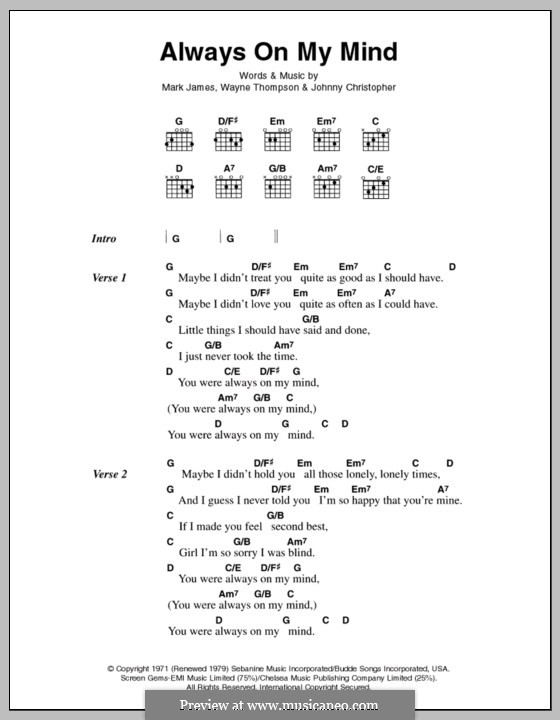 Always on My Mind: Letras e acordes (Elvis Presley) by Johnny Christopher, Mark James, Wayne Carson Thompson