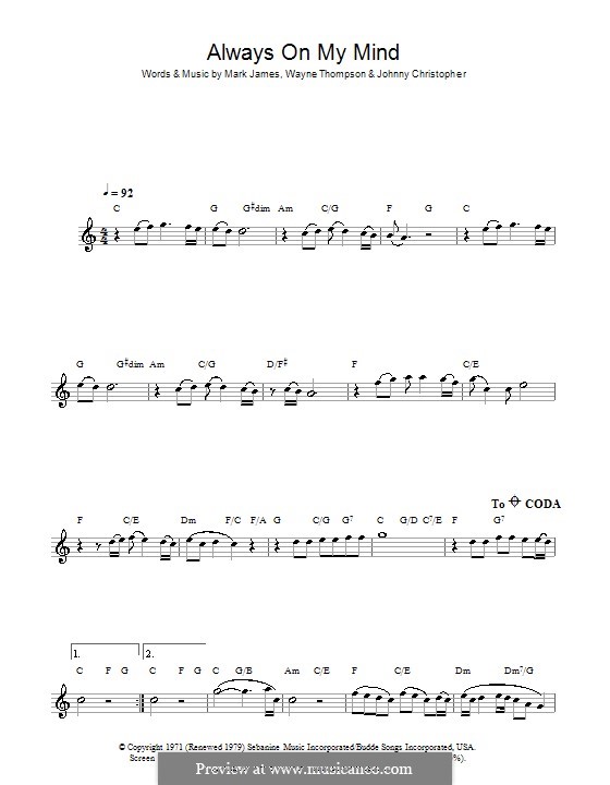 Always on My Mind: For flute (Elvis Presley) by Johnny Christopher, Mark James, Wayne Carson Thompson