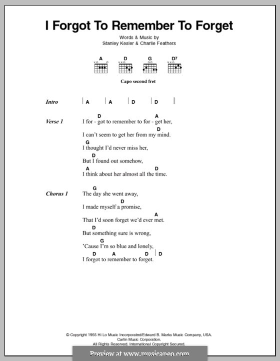 I Forgot to Remember to Forget (Elvis Presley): Letras e Acordes by Charlie Feathers, Stanley A. Kesler