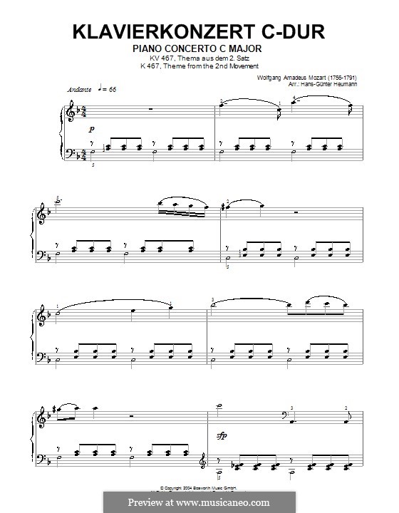 Concerto for Piano and Orchestra No.21 in C Major, K.467: Movement II (Fragment). Version for piano by Wolfgang Amadeus Mozart